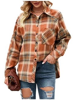 Womens Long Sleeve Shirts Flannel Plaid Tops 2023 Button Down Casual Fall Outfits Shacket