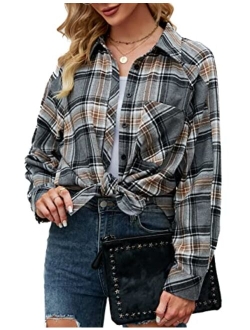 Womens Long Sleeve Shirts Flannel Plaid Tops 2023 Button Down Casual Fall Outfits Shacket