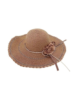 OPTIGRAM Women Wide Brim Summer Straw Sun Hat, UPF 50+ UV Protection Flowered Bonnet, Ladies Foldable Panama Beach Hat