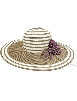 OPTIGRAM Women Wide Brim Summer Straw Sun Hat, UPF 50+ UV Protection Flowered Bonnet, Ladies Foldable Panama Beach Hat