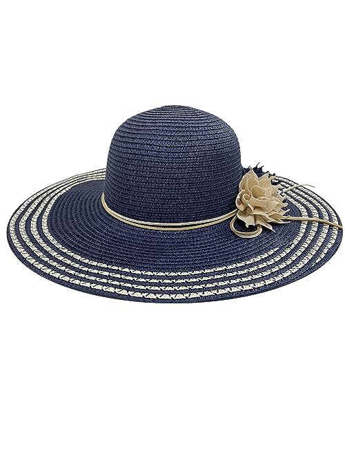 OPTIGRAM Women Wide Brim Summer Straw Sun Hat, UPF 50+ UV Protection Flowered Bonnet, Ladies Foldable Panama Beach Hat