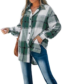 Women Long Sleeve Plaid Button Down Tops Casual V Neck Oversized Shirt Blouse