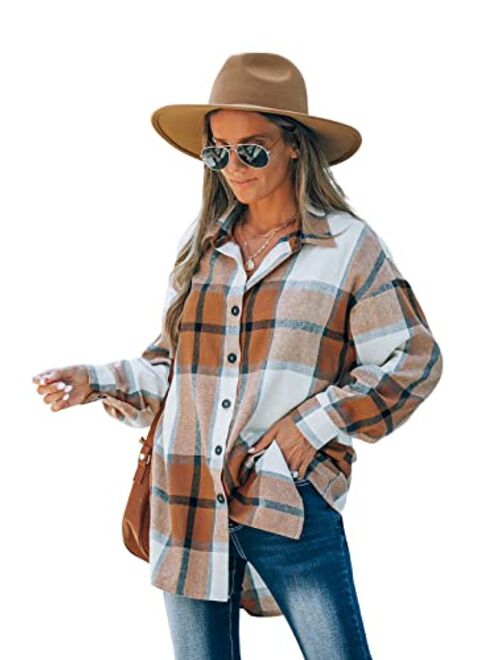 CUPSHE Women Long Sleeve Plaid Button Down Tops Casual V Neck Oversized Shirt Blouse