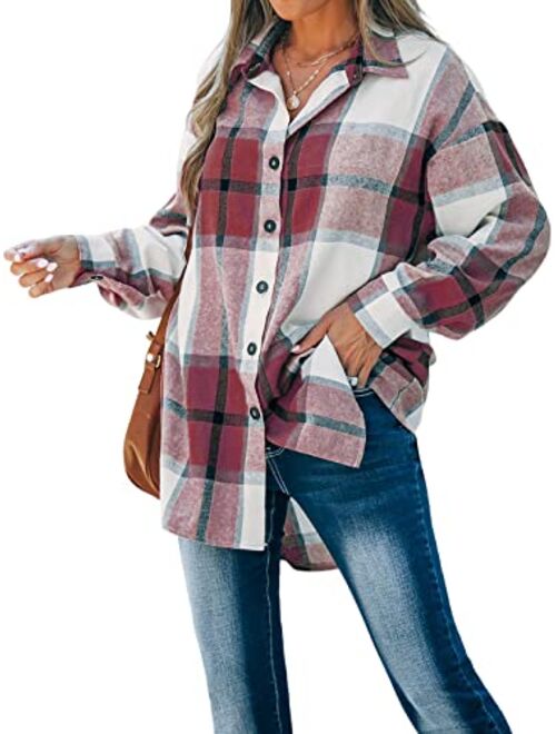 CUPSHE Women Long Sleeve Plaid Button Down Tops Casual V Neck Oversized Shirt Blouse