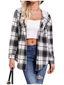 Womens Flannel Shirts Plaid Hoodie Jacket Long Sleeve Button Down Blouse Tops Casual Boyfriend Shirt with Pocket