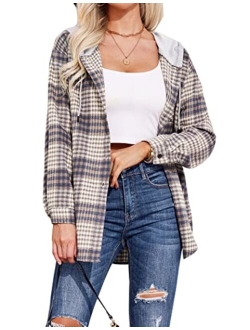 Womens Flannel Shirts Plaid Hoodie Jacket Long Sleeve Button Down Blouse Tops Casual Boyfriend Shirt with Pocket