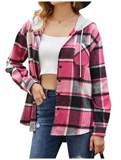 Womens Flannel Shirts Plaid Hoodie Jacket Long Sleeve Button Down Blouse Tops Casual Boyfriend Shirt with Pocket