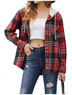 Womens Flannel Shirts Plaid Hoodie Jacket Long Sleeve Button Down Blouse Tops Casual Boyfriend Shirt with Pocket