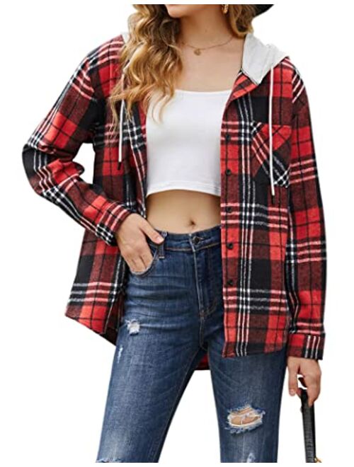 HOTOUCH Womens Flannel Shirts Plaid Hoodie Jacket Long Sleeve Button Down Blouse Tops Casual Boyfriend Shirt with Pocket