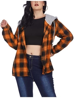 IN'VOLAND Womens Plus Size Flannel Shirts Plaid Hoodie Long Sleeve Plaid Shirt Jacket Button Down Shirts with Hood 16W-30W