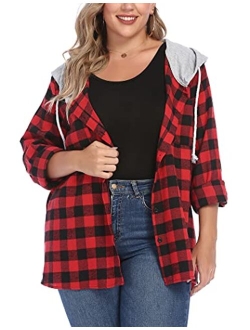 IN'VOLAND Womens Plus Size Flannel Shirts Plaid Hoodie Long Sleeve Plaid Shirt Jacket Button Down Shirts with Hood 16W-30W