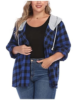 IN'VOLAND Womens Plus Size Flannel Shirts Plaid Hoodie Long Sleeve Plaid Shirt Jacket Button Down Shirts with Hood 16W-30W