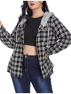 IN'VOLAND Womens Plus Size Flannel Shirts Plaid Hoodie Long Sleeve Plaid Shirt Jacket Button Down Shirts with Hood 16W-30W