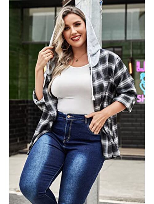 IN'VOLAND Womens Plus Size Flannel Shirts Plaid Hoodie Long Sleeve Plaid Shirt Jacket Button Down Shirts with Hood 16W-30W