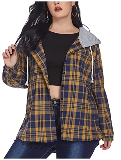 IN'VOLAND Womens Plus Size Flannel Shirts Plaid Hoodie Long Sleeve Plaid Shirt Jacket Button Down Shirts with Hood 16W-30W