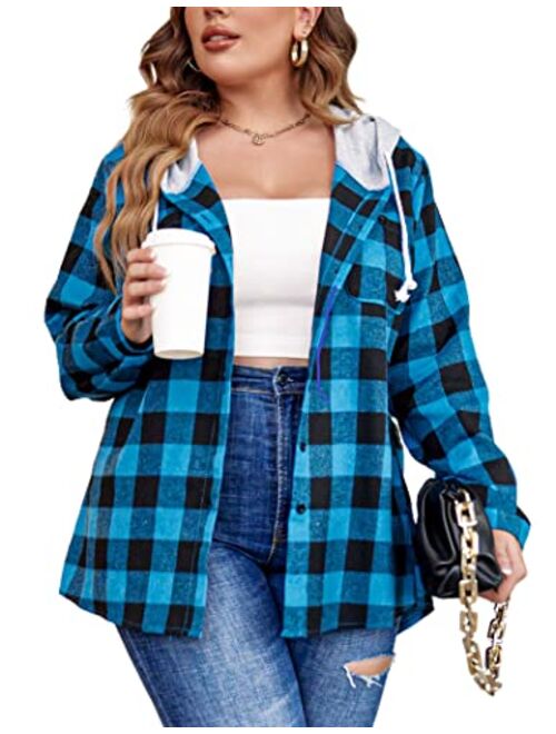 IN'VOLAND Womens Plus Size Flannel Shirts Plaid Hoodie Long Sleeve Plaid Shirt Jacket Button Down Shirts with Hood 16W-30W