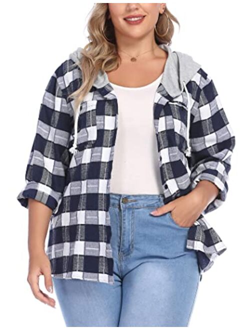 IN'VOLAND Womens Plus Size Flannel Shirts Plaid Hoodie Long Sleeve Plaid Shirt Jacket Button Down Shirts with Hood 16W-30W