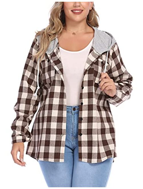 IN'VOLAND Womens Plus Size Flannel Shirts Plaid Hoodie Long Sleeve Plaid Shirt Jacket Button Down Shirts with Hood 16W-30W