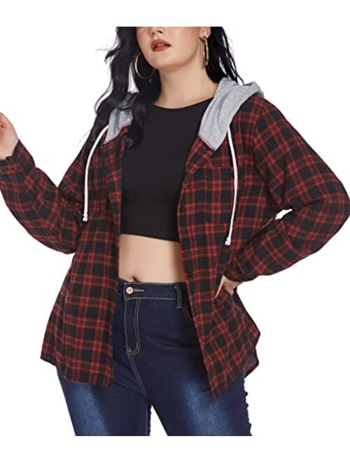 IN'VOLAND Womens Plus Size Flannel Shirts Plaid Hoodie Long Sleeve Plaid Shirt Jacket Button Down Shirts with Hood 16W-30W