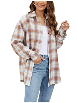 Lumister Oversized Flannel Shirt Women Long Sleeve Plaid Button Down Buffalo Shirt Blouse Tops with One Pocket