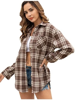 Lumister Oversized Flannel Shirt Women Long Sleeve Plaid Button Down Buffalo Shirt Blouse Tops with One Pocket