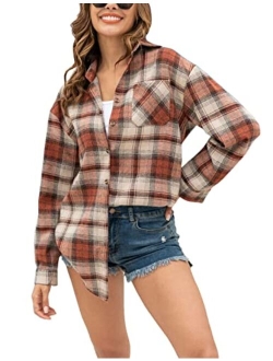 Lumister Oversized Flannel Shirt Women Long Sleeve Plaid Button Down Buffalo Shirt Blouse Tops with One Pocket