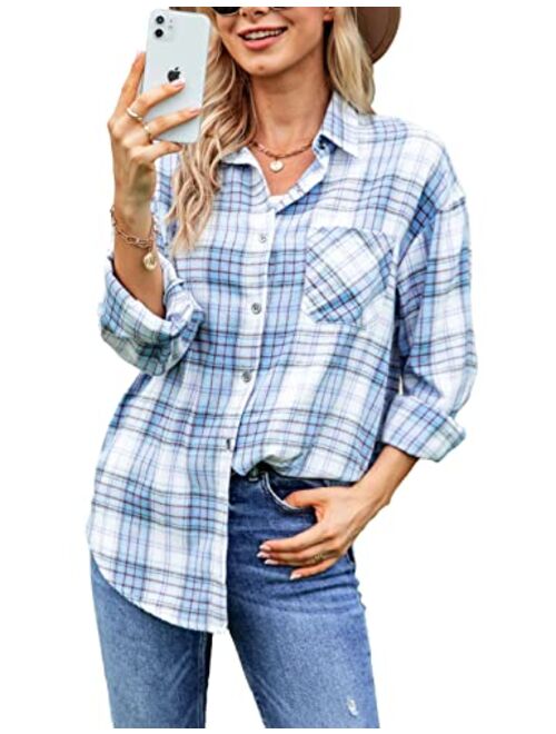 Lumister Oversized Flannel Shirt Women Long Sleeve Plaid Button Down Buffalo Shirt Blouse Tops with One Pocket