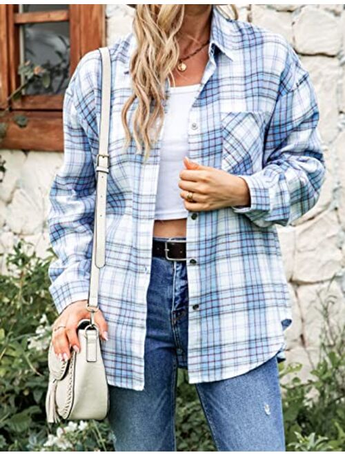 Lumister Oversized Flannel Shirt Women Long Sleeve Plaid Button Down Buffalo Shirt Blouse Tops with One Pocket