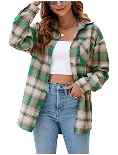 Lumister Oversized Flannel Shirt Women Long Sleeve Plaid Button Down Buffalo Shirt Blouse Tops with One Pocket