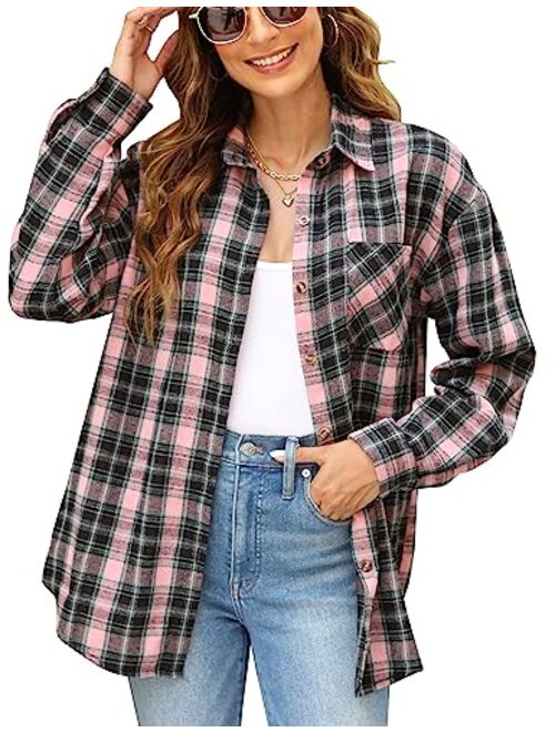 Lumister Oversized Flannel Shirt Women Long Sleeve Plaid Button Down Buffalo Shirt Blouse Tops with One Pocket