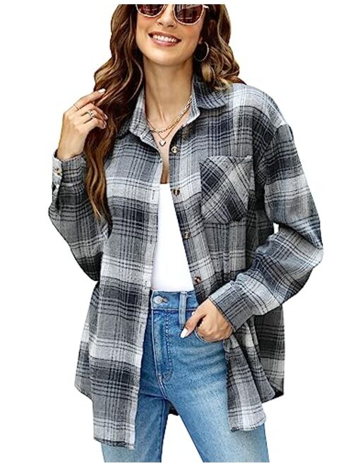 Lumister Oversized Flannel Shirt Women Long Sleeve Plaid Button Down Buffalo Shirt Blouse Tops with One Pocket