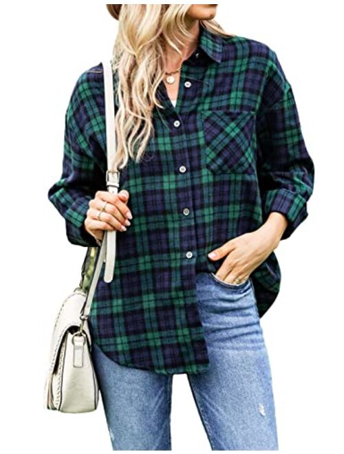 Lumister Oversized Flannel Shirt Women Long Sleeve Plaid Button Down Buffalo Shirt Blouse Tops with One Pocket