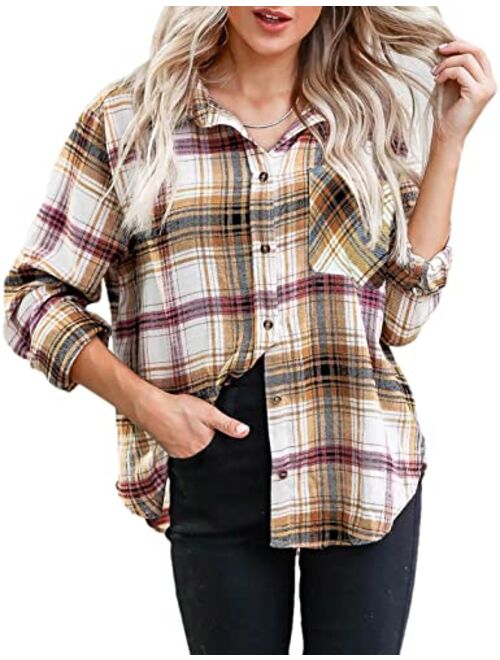 Lumister Oversized Flannel Shirt Women Long Sleeve Plaid Button Down Buffalo Shirt Blouse Tops with One Pocket