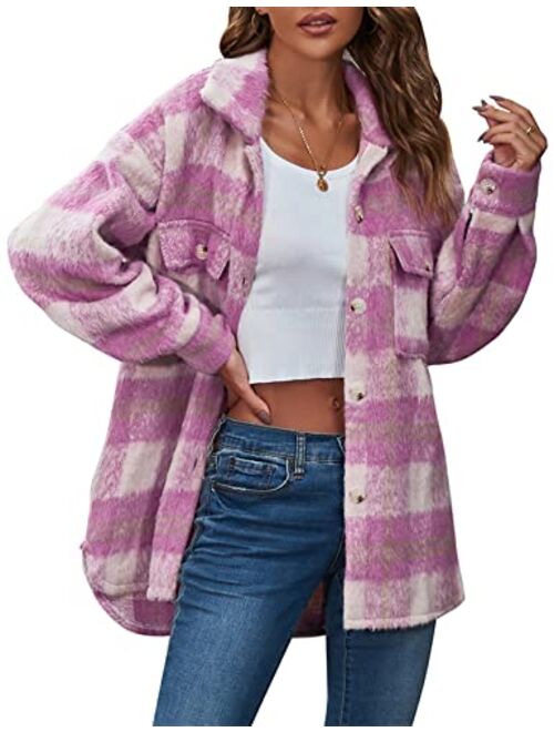 Arssm Womens Flannel Plaid Shirt Shacket Long Sleeve Button Down Oversized Loose Fall Jacket