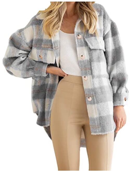 Arssm Womens Flannel Plaid Shirt Shacket Long Sleeve Button Down Oversized Loose Fall Jacket