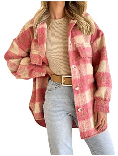 Arssm Womens Flannel Plaid Shirt Shacket Long Sleeve Button Down Oversized Loose Fall Jacket