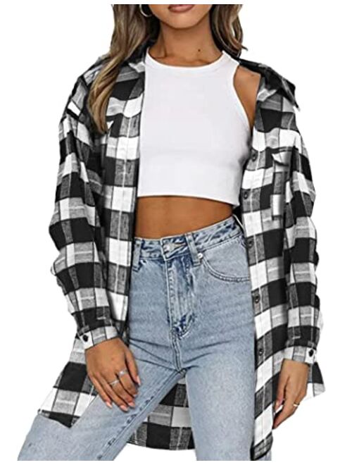 Beyove Plaid Flannel Shirt for Women Buffalo Long Sleeve Button Down Oversized Boyfriend Shacket Shirt Blouse Tops S-XXL