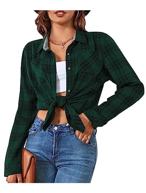 Damipow Premium Flannel Shirts for Women,Oversized Plaid Button Down Long Sleeve Women Blouses