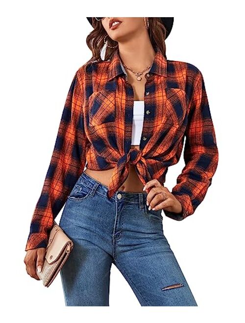 Damipow Premium Flannel Shirts for Women,Oversized Plaid Button Down Long Sleeve Women Blouses