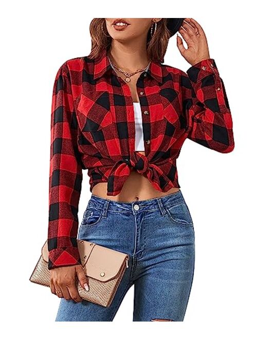 Damipow Premium Flannel Shirts for Women,Oversized Plaid Button Down Long Sleeve Women Blouses