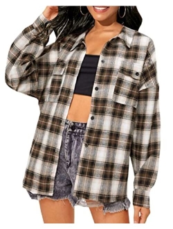 TieBnss Plaid Flannel Shirts for Women Oversized Long Sleeve Button Down Buffalo Plaid Shirt Blouse Tops