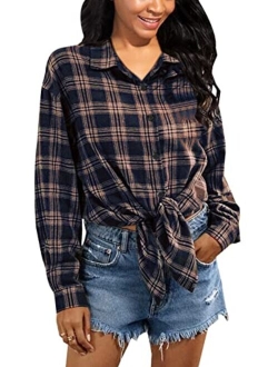 TieBnss Plaid Flannel Shirts for Women Oversized Long Sleeve Button Down Buffalo Plaid Shirt Blouse Tops