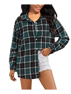 TieBnss Plaid Flannel Shirts for Women Oversized Long Sleeve Button Down Buffalo Plaid Shirt Blouse Tops