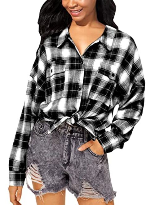 TieBnss Plaid Flannel Shirts for Women Oversized Long Sleeve Button Down Buffalo Plaid Shirt Blouse Tops