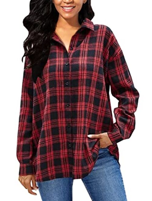 TieBnss Plaid Flannel Shirts for Women Oversized Long Sleeve Button Down Buffalo Plaid Shirt Blouse Tops