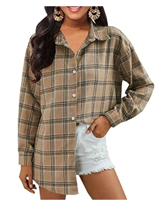 TieBnss Plaid Flannel Shirts for Women Oversized Long Sleeve Button Down Buffalo Plaid Shirt Blouse Tops