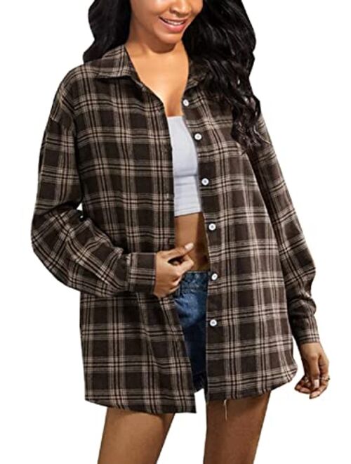 TieBnss Plaid Flannel Shirts for Women Oversized Long Sleeve Button Down Buffalo Plaid Shirt Blouse Tops