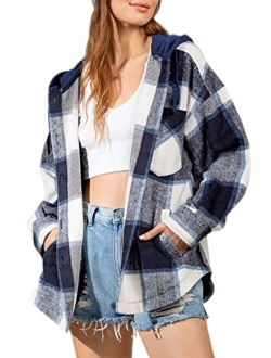 Beaully Womens Casual Plaid Shackets Brushed Flannel Button Down Pocketed Shirt Jacket Coats