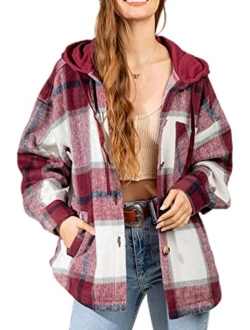 Beaully Womens Casual Plaid Shackets Brushed Flannel Button Down Pocketed Shirt Jacket Coats