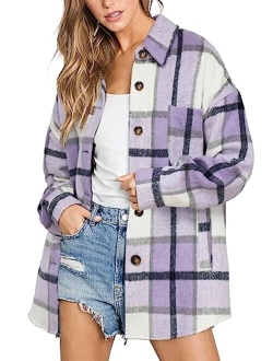 Beaully Womens Casual Plaid Shackets Brushed Flannel Button Down Pocketed Shirt Jacket Coats